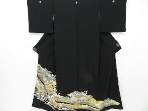 リサイクル　黒留袖　金彩　檜扇に京風景文　五つ紋　着物　